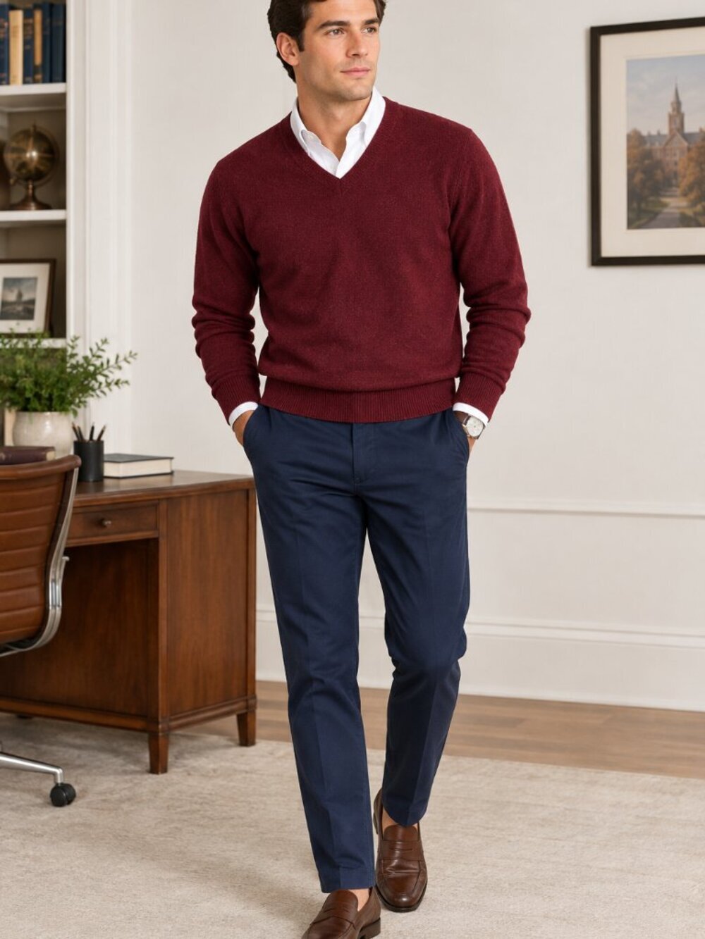 Vintage Time Pieces Burgundy Red Merino Wool V Neck Sweater Large Preppy Office